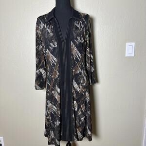 Y2K Abstract Print 12P Stretch Knit Tunic Dress Petite Brown Black Long Sleeve